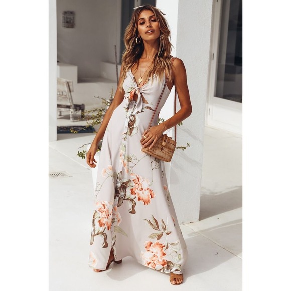 Hello Molly Dresses & Skirts - Hello Molly Sounds Of Summer Maxi Dress Beige Floral Tie Front Button Down L